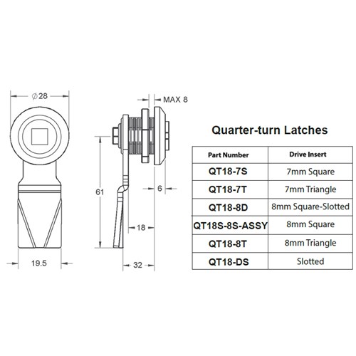 Quarter Turn Latch - 18mm - 8mm Square Driver - Stainless Steel