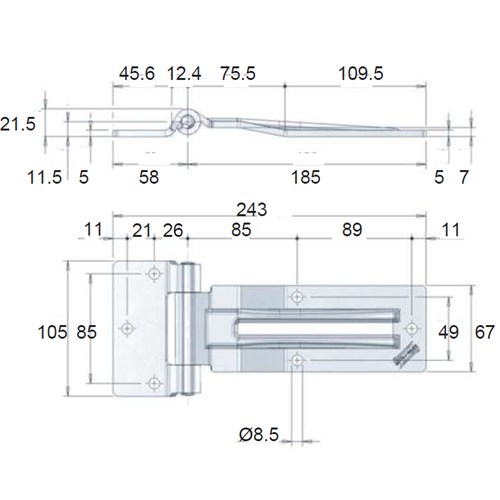 Truck Door Hinge - 243mm - Bolt On - Zinc Plated