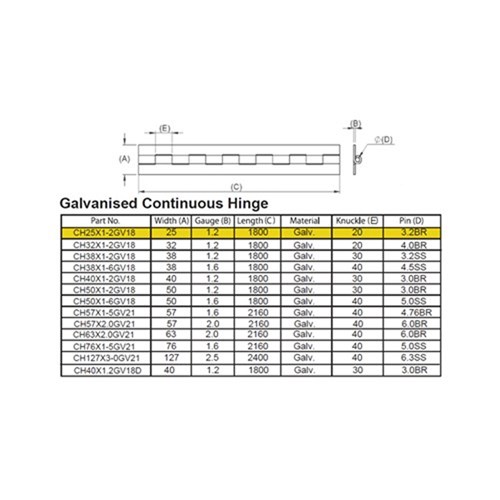 Continuous Hinge - 25 x 1.2 x 1800mm - Galvanised Steel