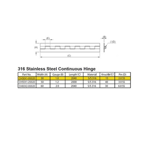 Continuous Hinge - 30 x 1.0 x 2040mm - 304 Stainless Steel