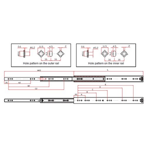 Non-Lockable Medium Duty Drawer Slides - 500mm - 125kg