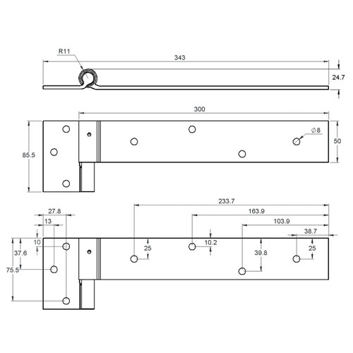 Gate Hinge - Bolt On - 86 x 343mm - Right Hand - Zinc Plated 