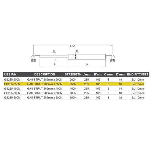 Gas Strut 285mm x 350N