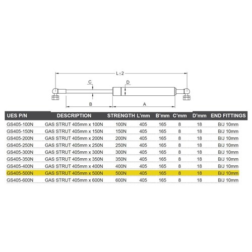 Gas Strut 405mm x 500N