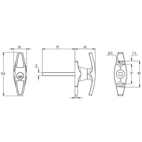 T Handle - Front Fixing Anticlockwise - 30mm x 100mm